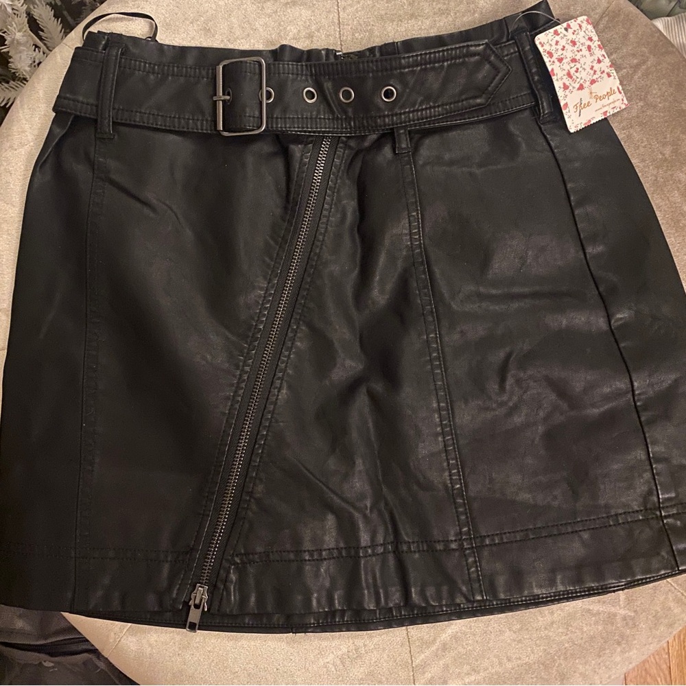 NWT free people black leather skirt with belt